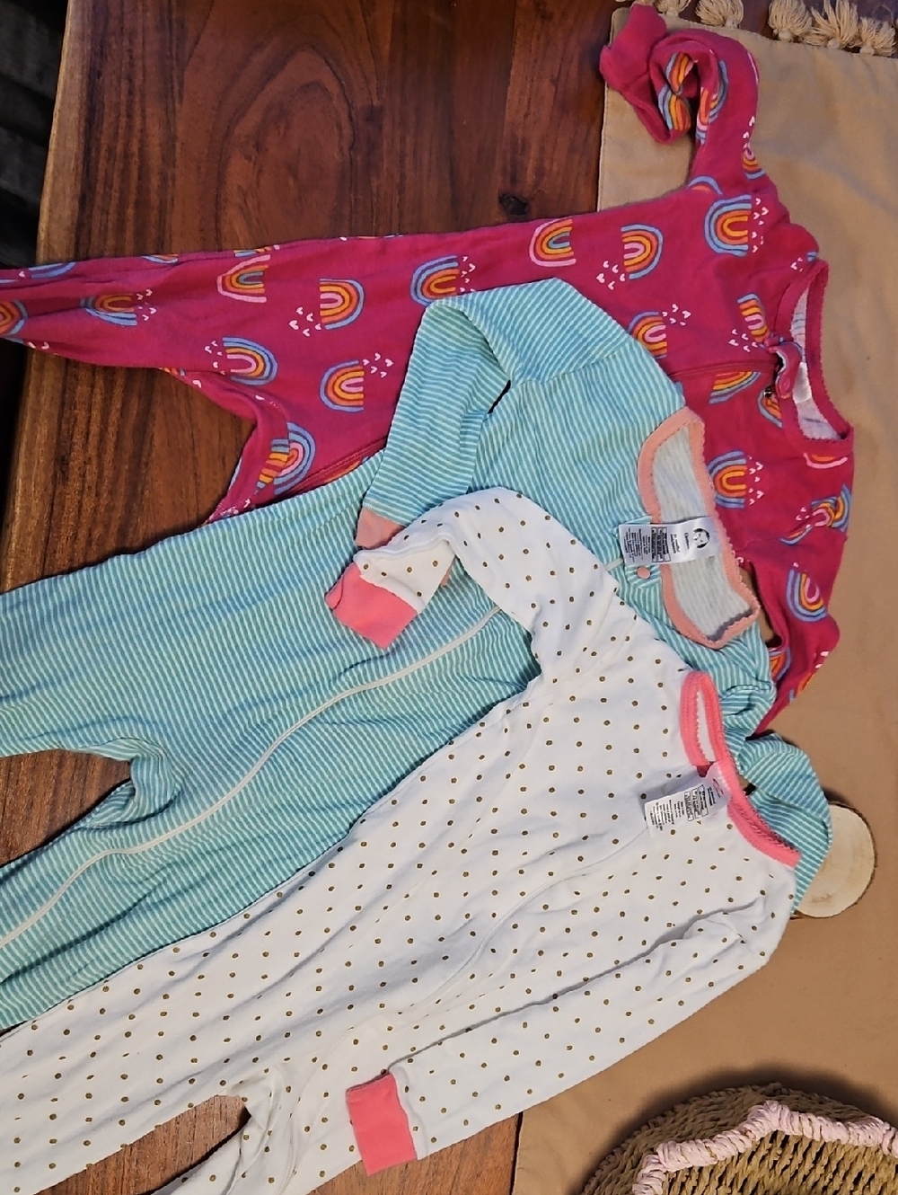 3-Pack Baby Footed Pajamas - Rainbow, Teal Stripe & Gold Dot
